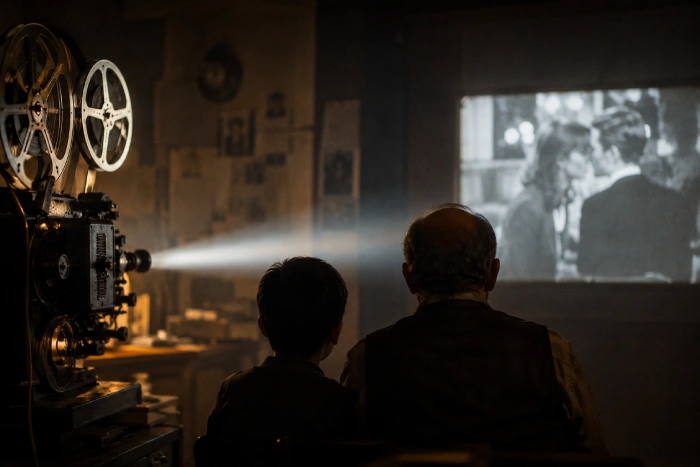 古い映写室で少年と老人が並んで映画を見つめる情景