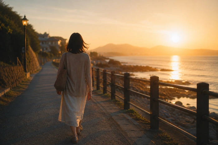 夕日に向かって涙を拭い歩き出す女性の後ろ姿