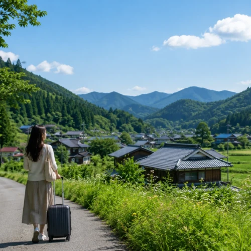 山々に囲まれた日本の田舎道を女性がスーツケースを引いて歩く後ろ姿