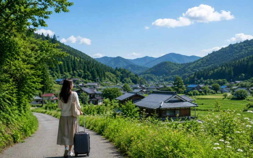 山々に囲まれた日本の田舎道を女性がスーツケースを引いて歩く後ろ姿