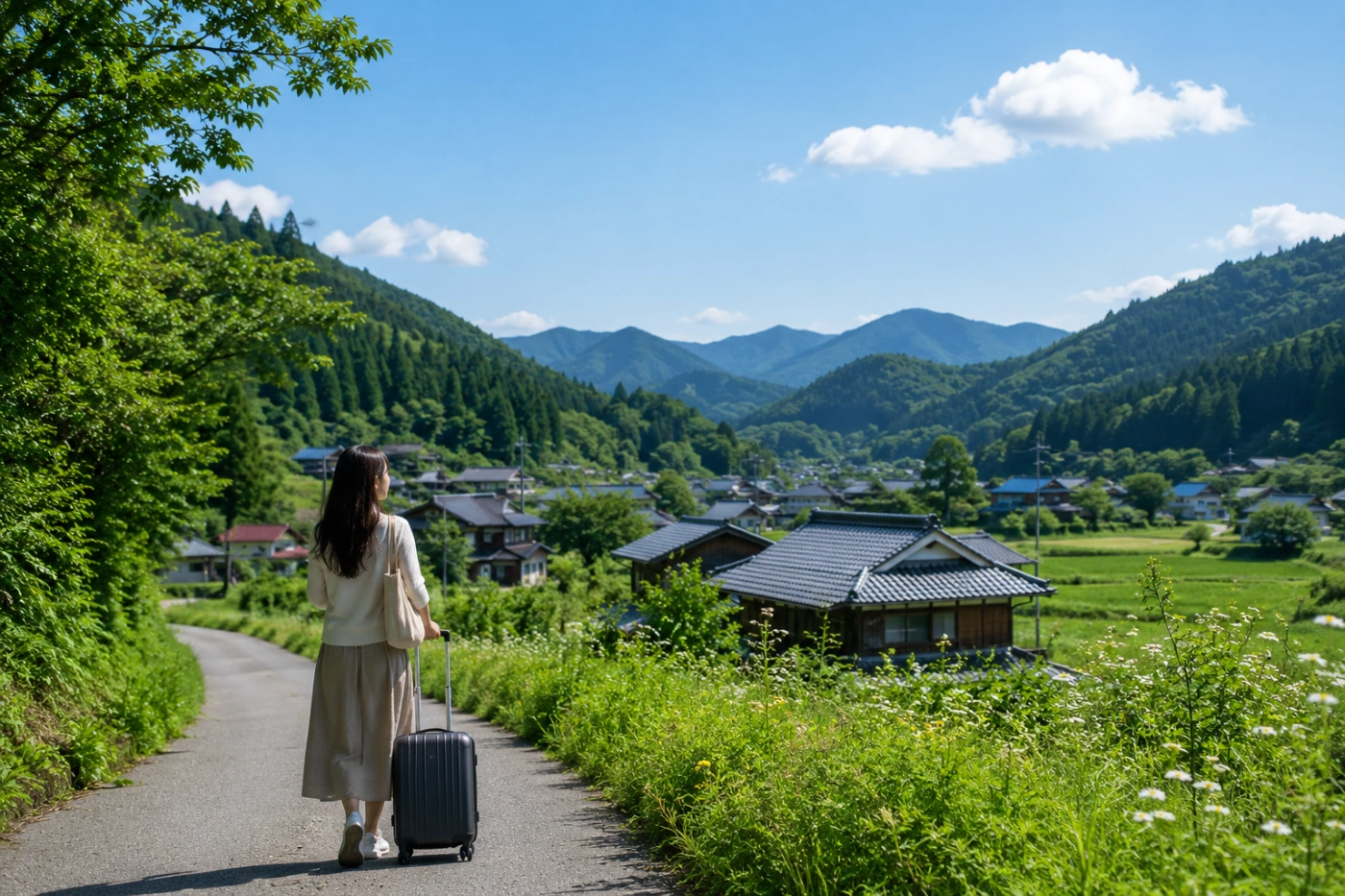 山々に囲まれた日本の田舎道を女性がスーツケースを引いて歩く後ろ姿
