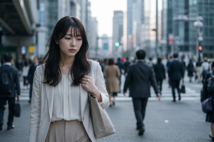 都会の雑踏を歩く女性が遠くを見つめる冷静な表情