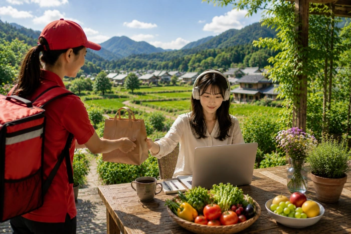 山々を望む田舎でテレワークをしながら配達を受け取る女性