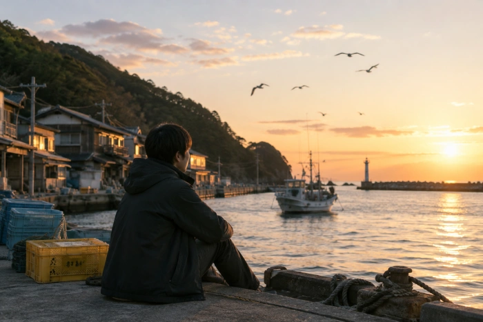 夕暮れの漁港で海を眺める男性と静かな田舎の町並み