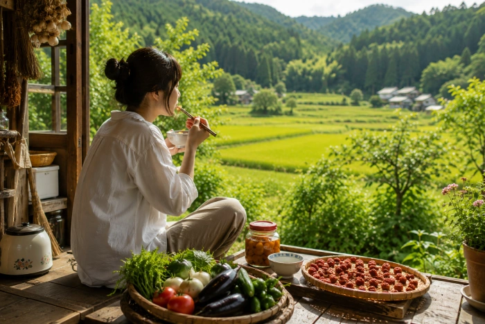 縁側で自家製の食事を味わいながら田園風景を眺める女性