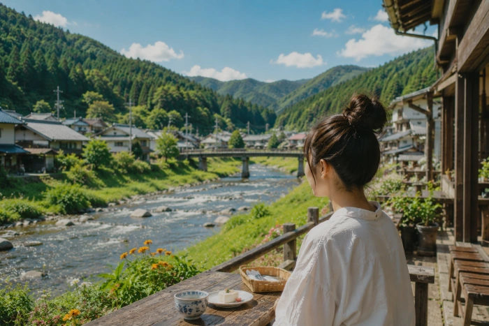 川沿いの古い町並みを眺める女性と山間の田舎風景