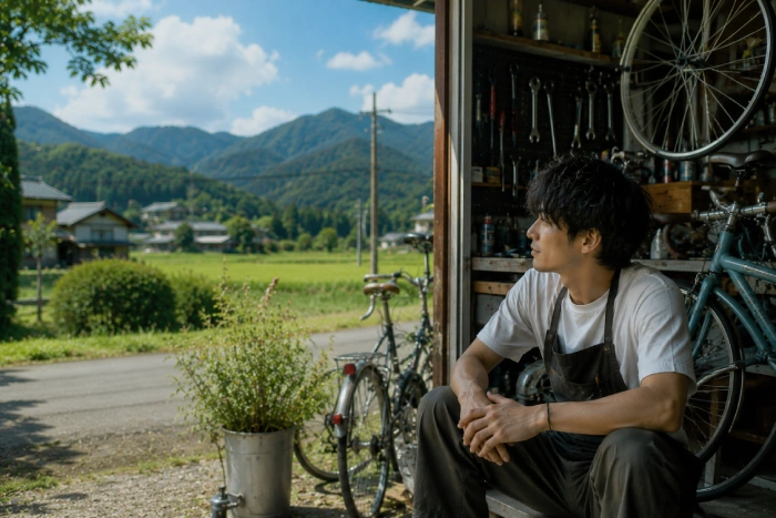 田舎の自転車店で山々を眺めながら過ごす男性と穏やかな町並み