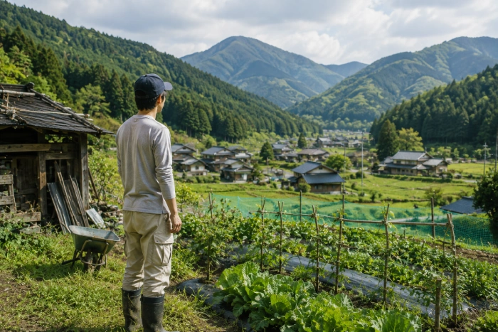 山里の畑から集落と山々を見つめる若者の後ろ姿