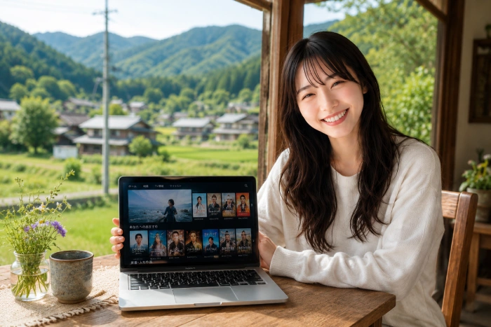田舎の景色を眺めながら動画配信サービスを紹介する女性