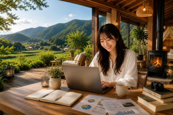 田舎の高級グランピング風の家で仕事に励む女性と山々の風景