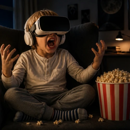夜の部屋でVRゴーグルを着け、映画の結末に怒る少年とポップコーン