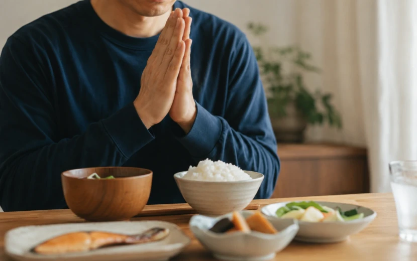 手を合わせて食卓のごはんに感謝する30歳男性