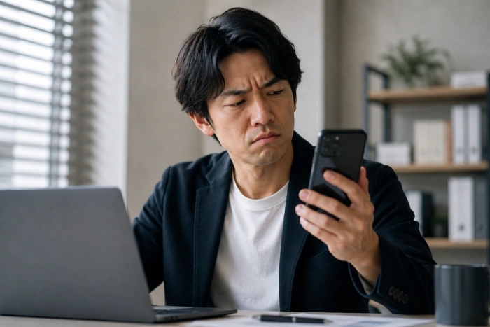 仕事中に親からの電話を見て困った表情を浮かべる男性