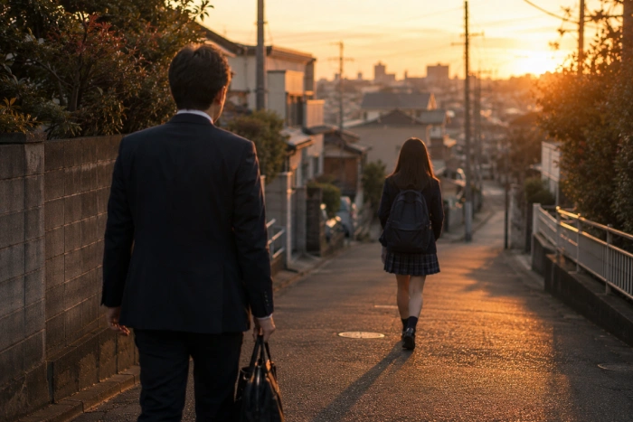 夕暮れの帰り道で離れて歩く父親と反抗期の高校生の娘