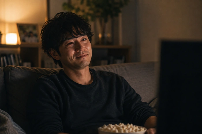 映画を観ながら子どもの頃を思い出し涙を浮かべる男性