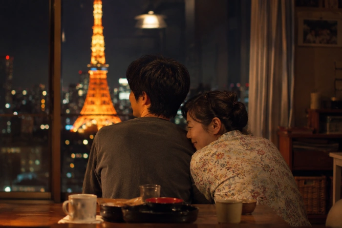 夜の窓辺で寄り添いながら東京の街を眺める母と息子