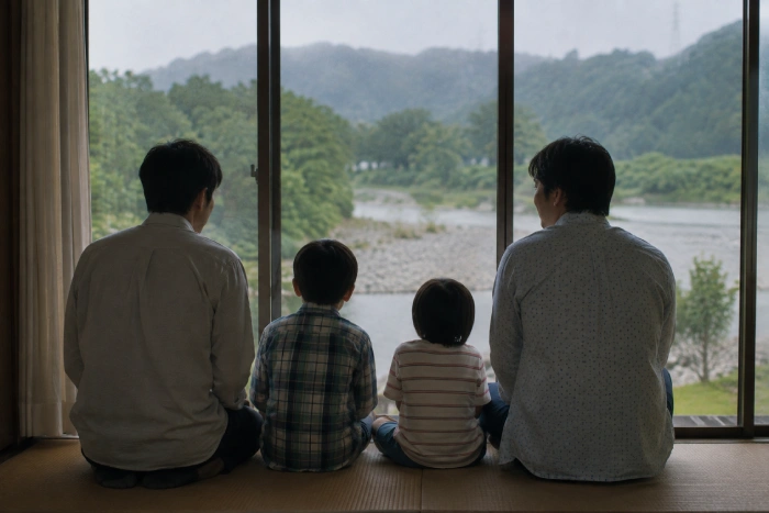 川辺を眺めながら静かに寄り添う両親と幼い子どもたち