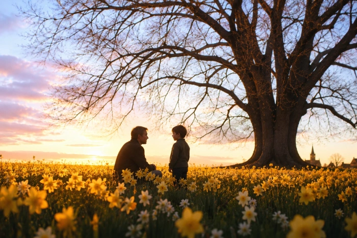 夕暮れの花畑で父と息子が静かに向き合うひととき