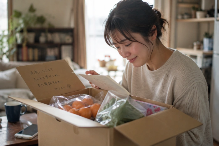 母親から届いた荷物を開け涙ぐみながら微笑む娘