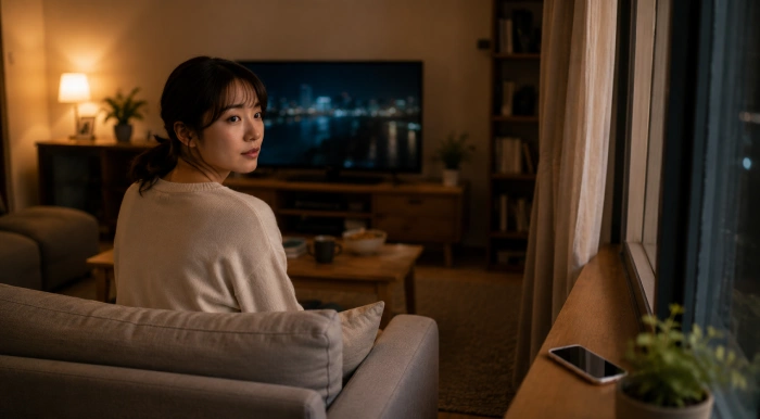 映画を見終えた女性が窓際のスマホを見つめる夜のひととき
