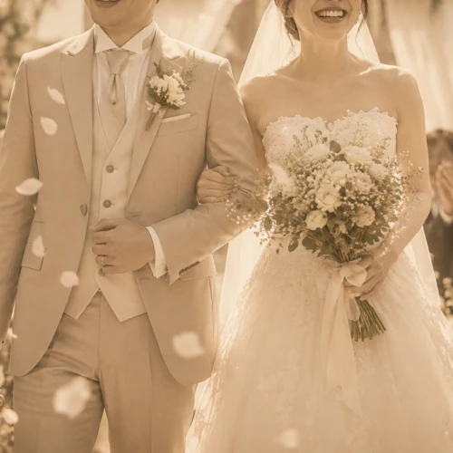 祝福を受けながら幸せそうに歩く新郎新婦と結婚式の参列者