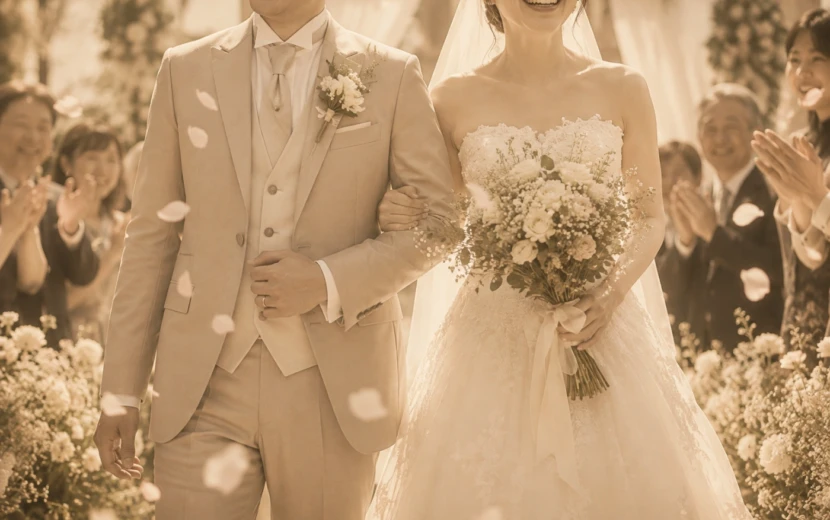 祝福を受けながら幸せそうに歩く新郎新婦と結婚式の参列者