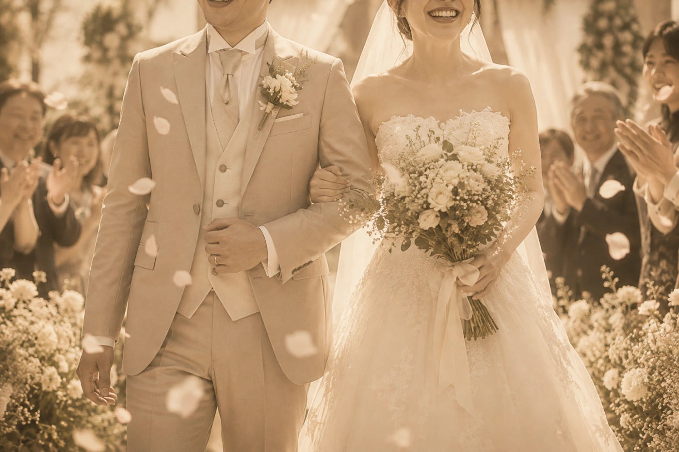 祝福を受けながら幸せそうに歩く新郎新婦と結婚式の参列者