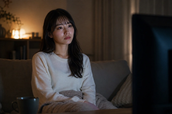 新しい人生を決めた女性が映画を見ながら静かに涙を流す夜のリビング