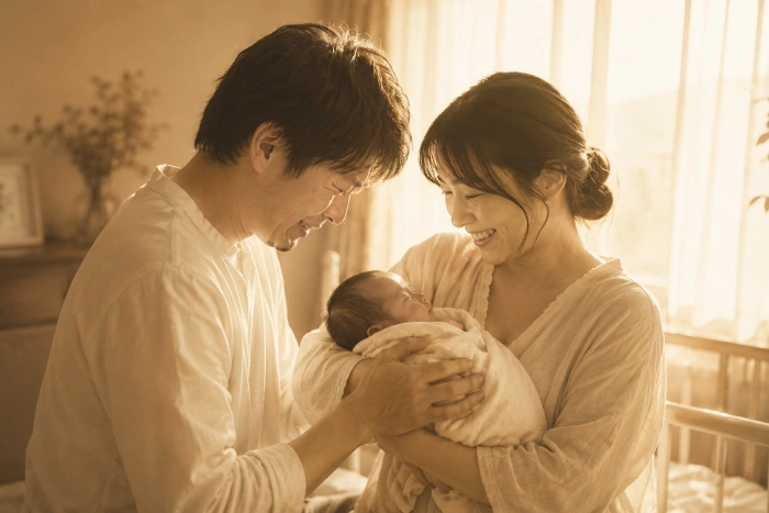 生まれたばかりの子どもを抱き、幸せを分かち合う夫婦のかけがえのない瞬間