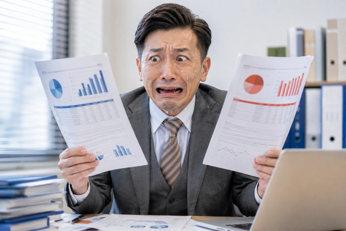 A案とB案を前に判断に迷い、汗を流すスーツ姿の上司