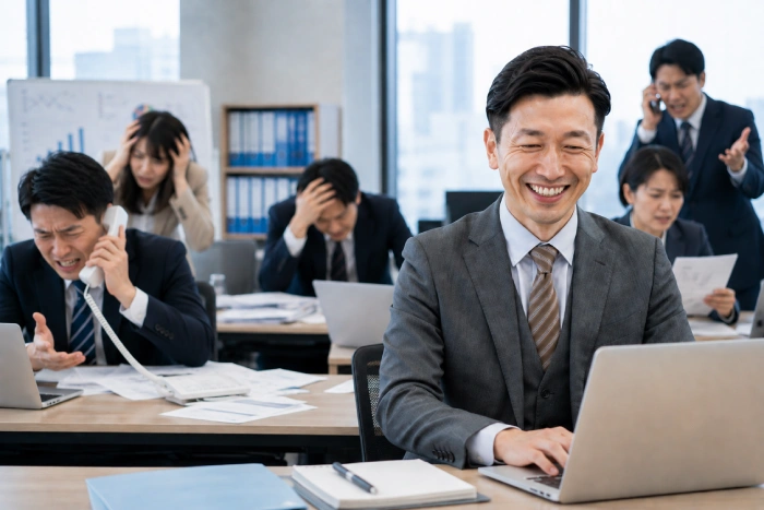 笑顔で仕事をする上司とクレーム対応などに追われる部下たち