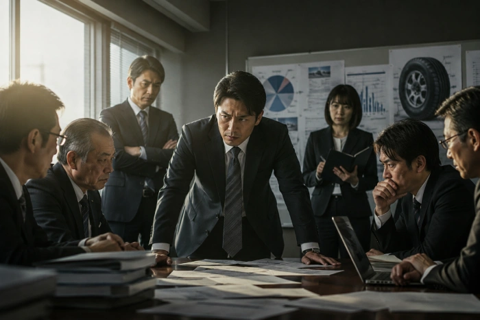 緊迫した会議で仲間を率いて決断するスーツ姿の男性