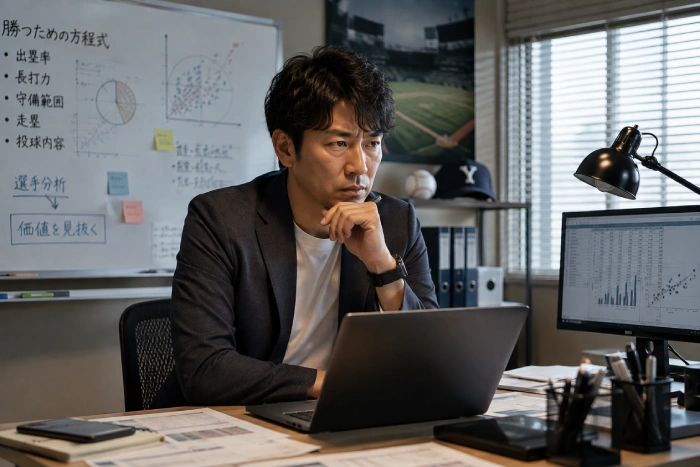 データを分析し勝利のための判断を考える野球チームのリーダー