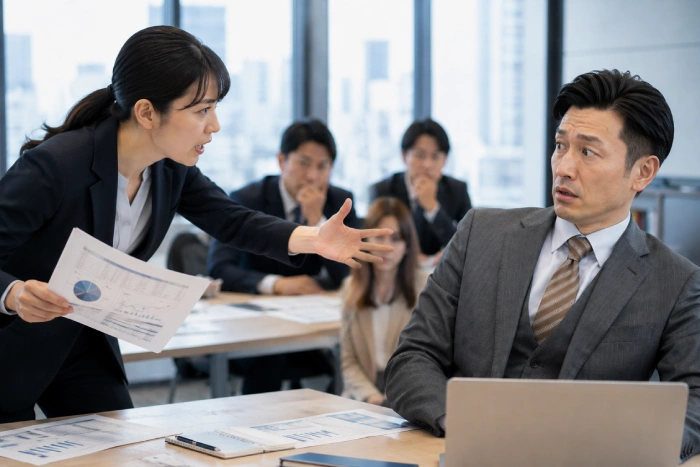 強い意思を持ってプレゼンする部下と圧倒される上司