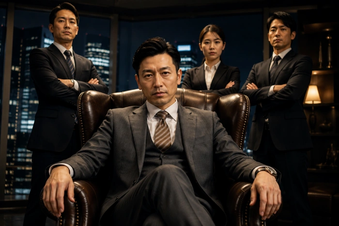 凛々しい上司と成長した部下たちが並ぶ夜のオフィス