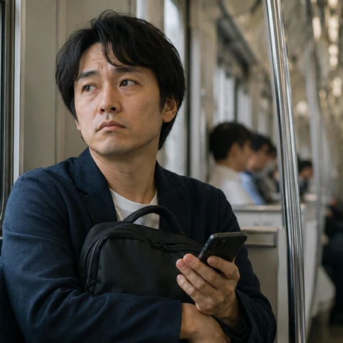 電車内で鞄を抱え、スマホを手に悩む30代男性