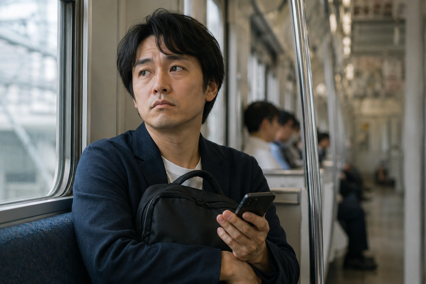 電車内で鞄を抱え、スマホを手に悩む30代男性