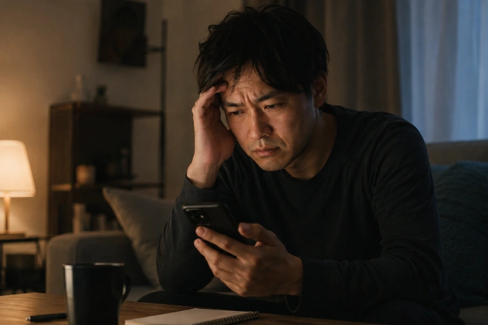 スマホの返信を前に深刻な表情で悩む男性