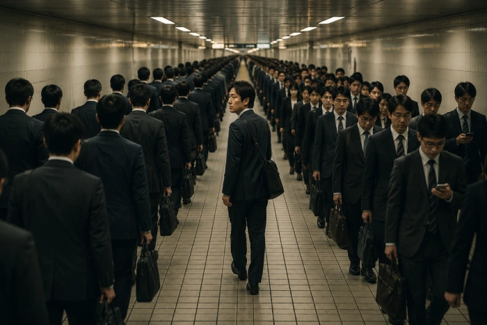 同じ方向へ歩く社会人の群衆の中で振り返る男性