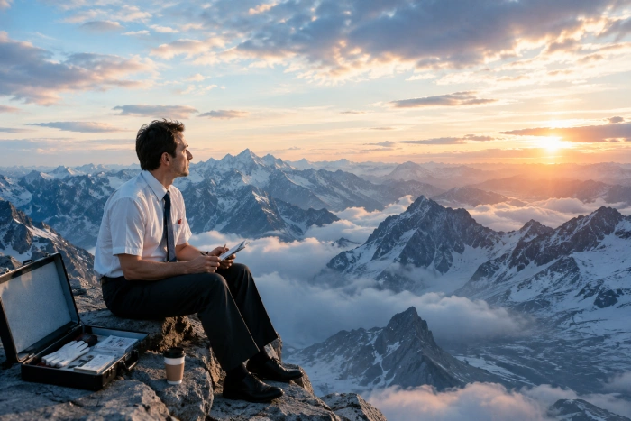 雄大な山々を前に人生について考えるスーツ姿の男性