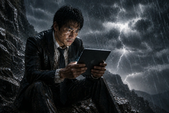 嵐の中でタブレットで映画を見つめる泥だらけの男性