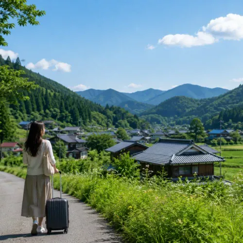 山々に囲まれた日本の田舎道を女性がスーツケースを引いて歩く後ろ姿