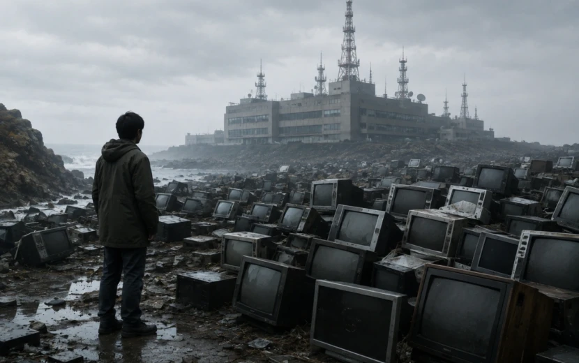 大量の廃棄テレビが並ぶ海岸と霧に包まれたテレビ放送局を見つめる男性