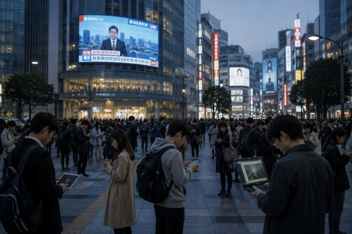 繁華街の大型スクリーンを誰も見ずスマホやタブレットに夢中になる人々