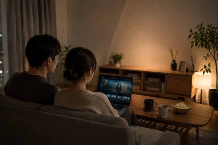 テレビのないリビングでノートPCを一緒に見る夫婦の夜の時間