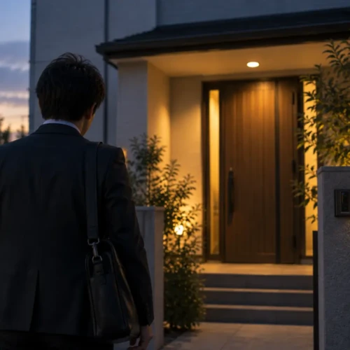 夕暮れの自宅を前に立ち止まる仕事帰りの旦那の後ろ姿