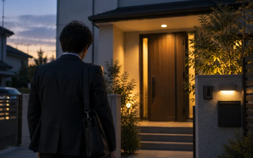 夕暮れの自宅を前に立ち止まる仕事帰りの旦那の後ろ姿