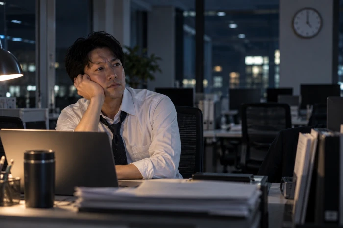 仕事を終えても帰宅せず会社に残る疲れた旦那