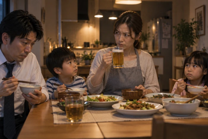 妻の顔色を窺いながら緊張して夕食を食べる旦那と子どもたち