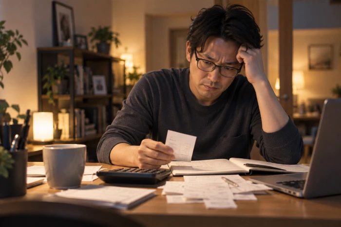 帳簿やレシートを確認し家庭のお金を管理する旦那